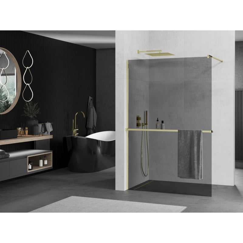 Mexen Kioto+ Duschwand mit Regal Walk-in 100 x 200 cm, Graphit, Gold - 800-100-121-50-40