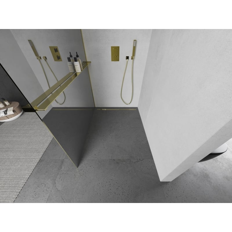 Mexen Kioto+ shower wall with shelf Walk-in 100 x 200 cm, mirror, gold - 800-100-121-50-50