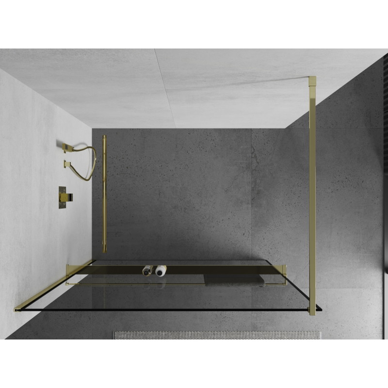 Mexen Kioto+ dušisein riiuliga Walk-in 120 x 200 cm, must raam, kuldne - 800-120-121-50-70