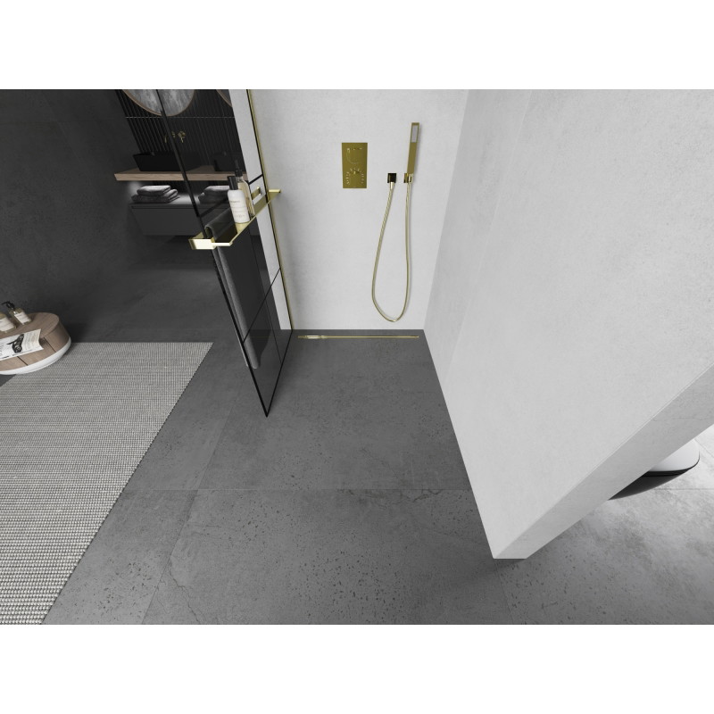 Mexen Kioto+ dušisein riiuliga Walk-in 70 x 200 cm, must ruudustik, kuldne - 800-070-121-50-77