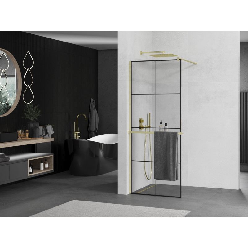 Mexen Kioto+ dušisein riiuliga Walk-in 70 x 200 cm, must ruudustik, kuldne - 800-070-121-50-77