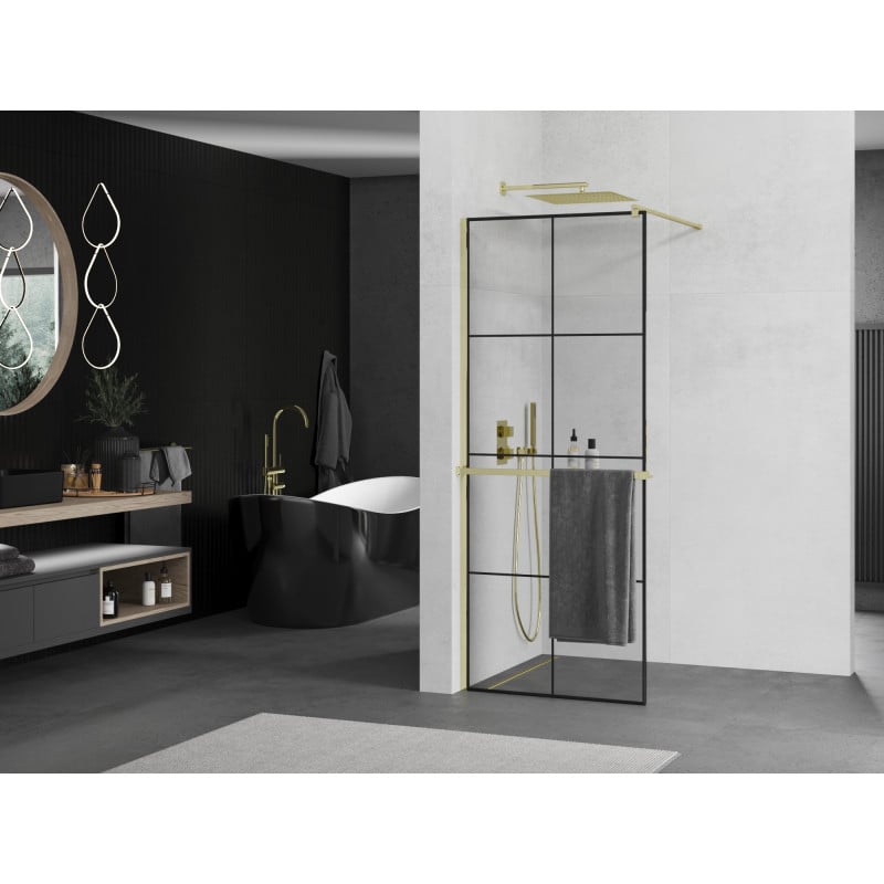Mexen Kioto+ ścianka prysznicowa z półką Walk-in 80 x 200 cm, czarna kratka, złota - 800-080-121-50-77