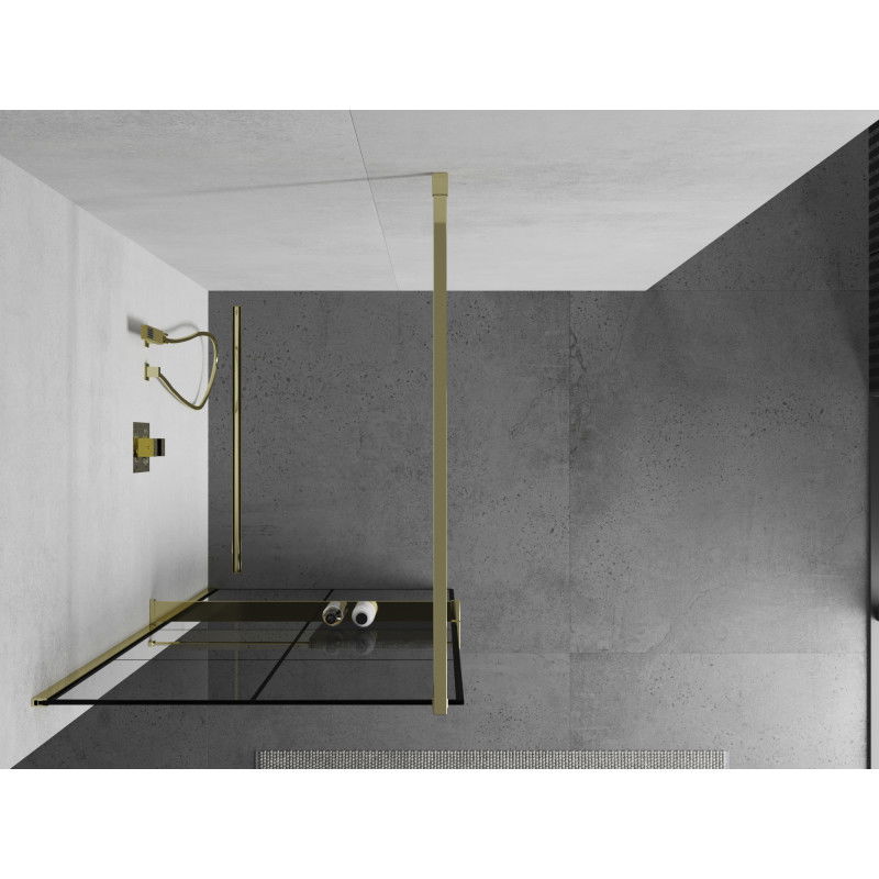 Mexen Kioto+ τοιχίο ντους με ράφι Walk-in 80 x 200 cm, μαύρο πλέγμα, χρυσό - 800-080-121-50-77