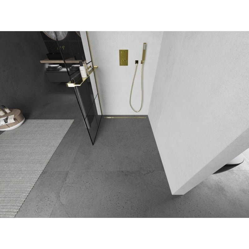 Mexen Kioto+ dušisein riiuliga Walk-in 90 x 200 cm, must ruudustik, kuldne - 800-090-121-50-77