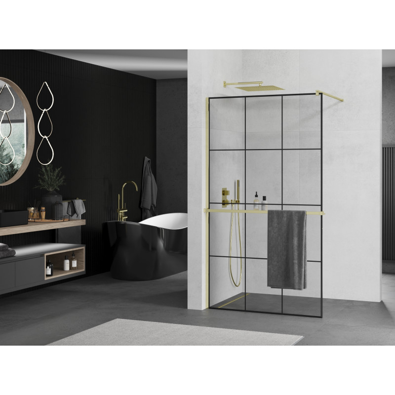 Mexen Kioto+ ścianka prysznicowa z półką Walk-in 100 x 200 cm, czarna kratka, złota - 800-100-121-50-77