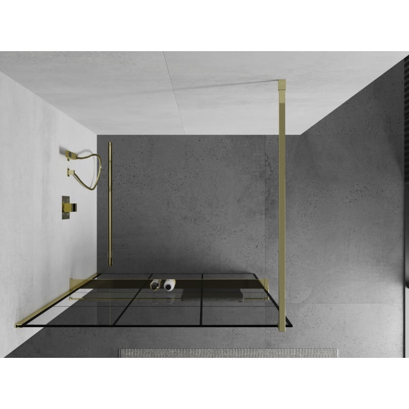 Mexen Kioto+ duschvägg med hylla Walk-in 100 x 200 cm, svart rutnät, guld - 800-100-121-50-77