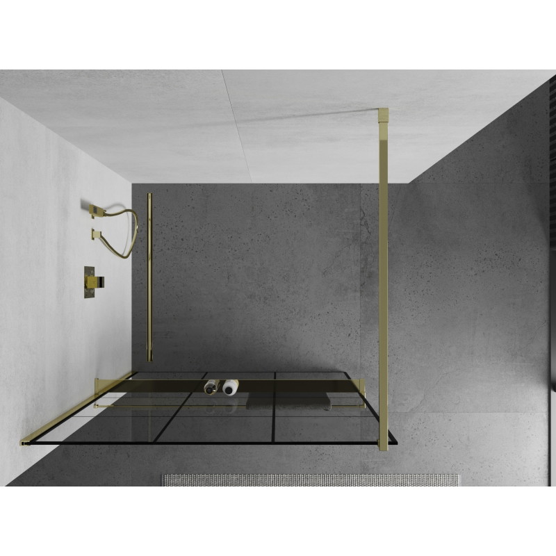 Mexen Kioto+ dušisein riiuliga Walk-in 120 x 200 cm, must ruudustik, kuldne - 800-120-121-50-77