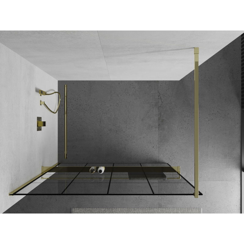 Mexen Kioto+ Duschwand mat Regal Walk-in 140 x 200 cm, schwaarz Gitter, gëllen - 800-140-121-50-77