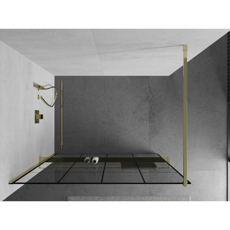 Mexen Kioto+ dušisein koos riiuliga Walk-in 140 x 200 cm, must ruudustik, kuldne - 800-140-121-50-77