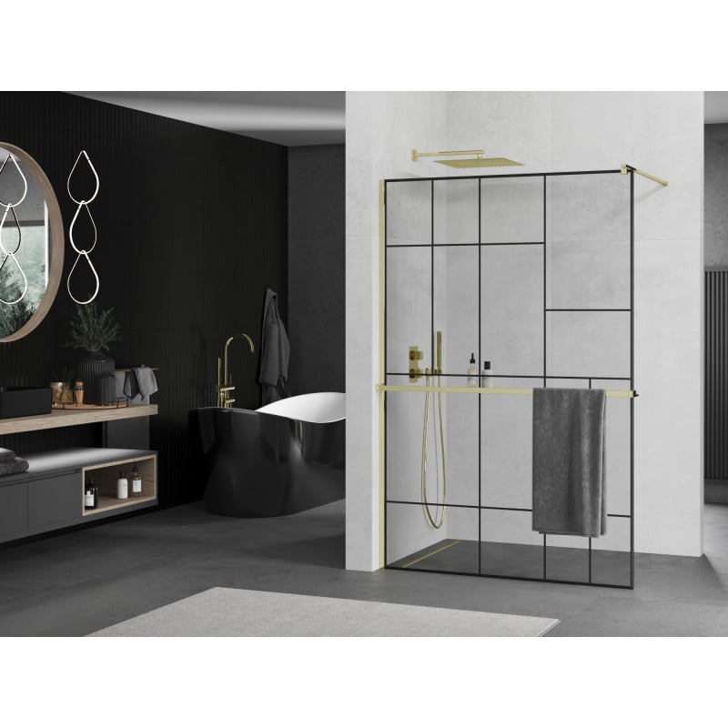 Mexen Kioto+ ścianka prysznicowa z półką Walk-in 90 x 200 cm, czarny wzór, złota - 800-090-121-50-78
