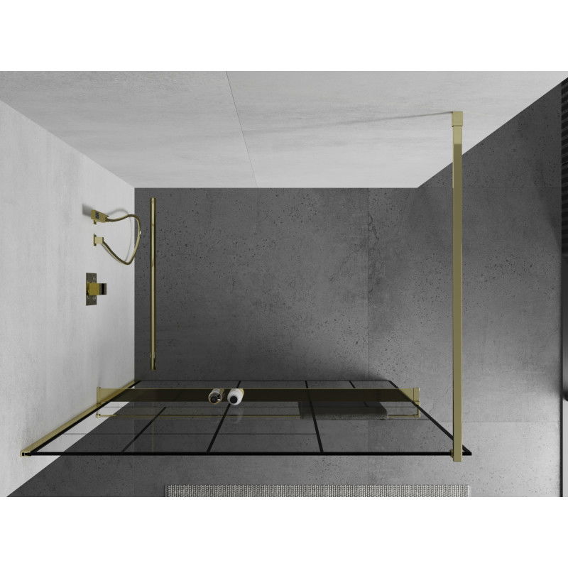 Mexen Kioto+ Duschwand mat Regal Walk-in 120 x 200 cm, schwaarze Muster, gold - 800-120-121-50-78
