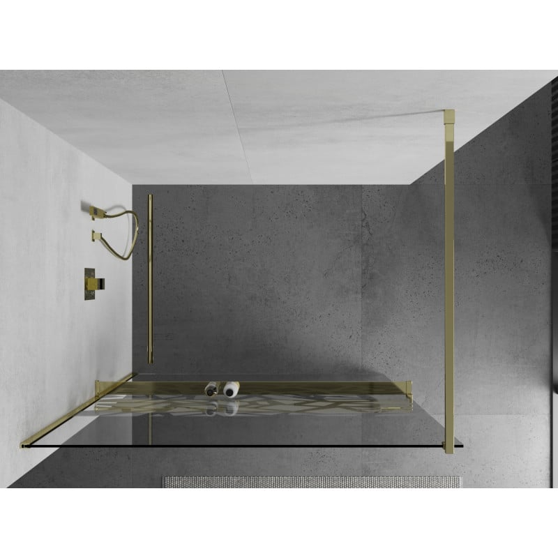 Mexen Kioto+ mampara de ducha con estante Walk-in 90 x 200 cm, patrón blanco, dorado - 800-090-121-50-85