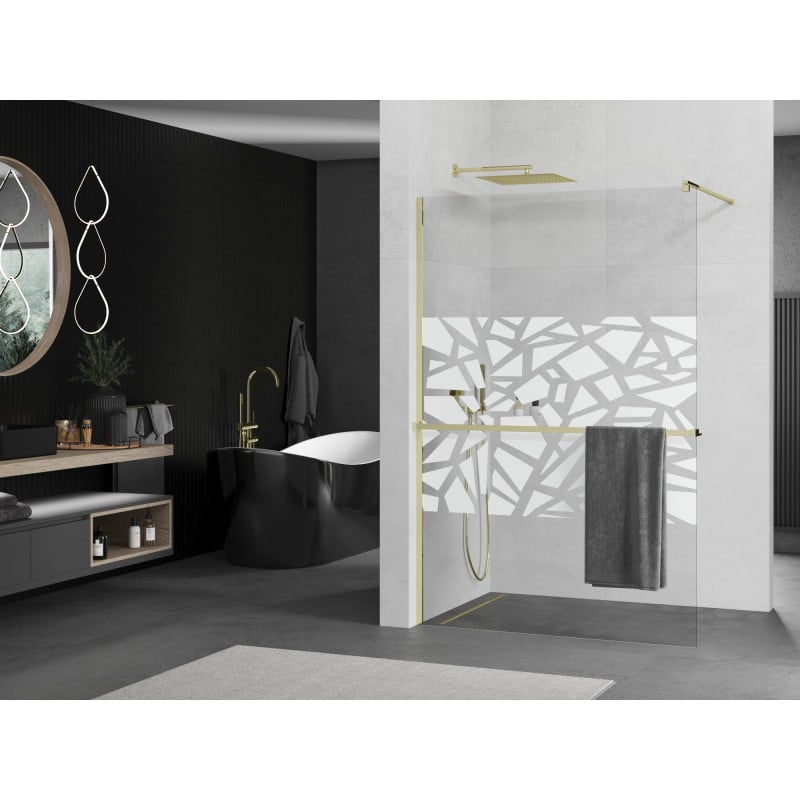 Mexen Kioto+ ścianka prysznicowa z półką Walk-in 90 x 200 cm, biały wzór, złota - 800-090-121-50-85