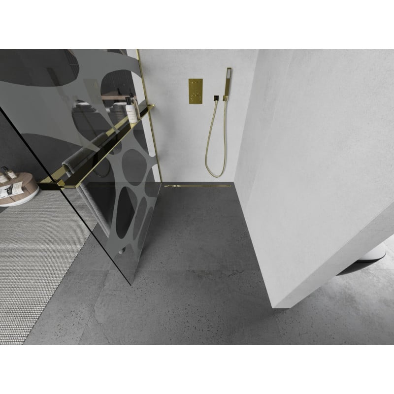 Mexen Kioto+ paroi de douche avec étagère Walk-in 90 x 200 cm, vague blanche, dorée - 800-090-121-50-97
