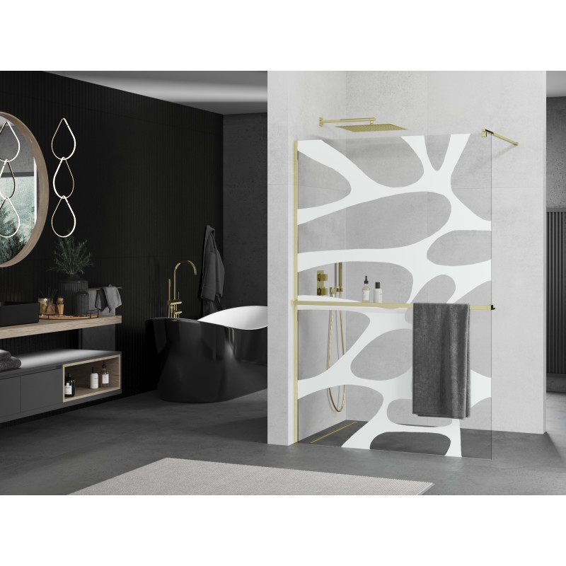 Mexen Kioto+ ścianka prysznicowa z półką Walk-in 90 x 200 cm, biała fala, złota - 800-090-121-50-97