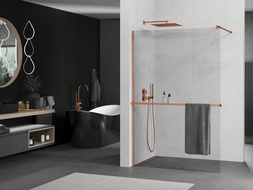 Mexen Kioto+ ścianka prysznicowa z półką Walk-in 100 x 200 cm, transparent, różowe złoto - 800-100-121-60-00