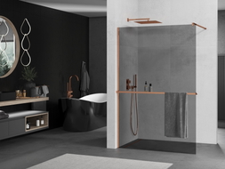 Mexen Kioto+ ścianka prysznicowa z półką Walk-in 90 x 200 cm, grafit, różowe złoto - 800-090-121-60-40