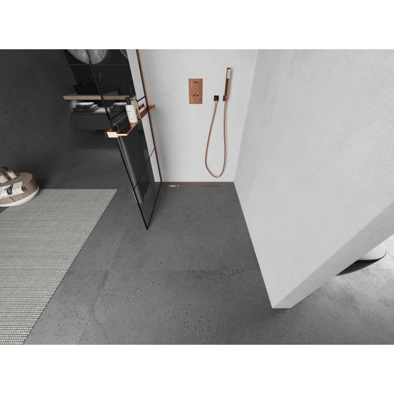 Mexen Kioto+ Duschwand mit Regal Walk-in 70 x 200 cm, schwarzes Gitter, Roségold - 800-070-121-60-77