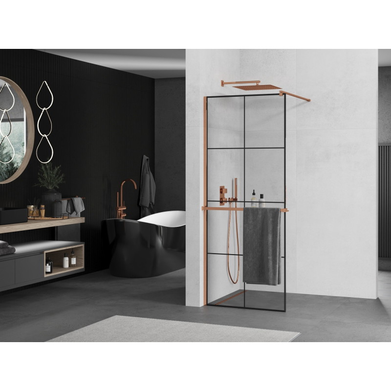 Mexen Kioto+ ścianka prysznicowa z półką Walk-in 70 x 200 cm, czarna kratka, różowe złoto - 800-070-121-60-77
