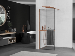 Mexen Kioto+ shower wall with shelf Walk-in 70 x 200 cm, black grid, rose gold - 800-070-121-60-77