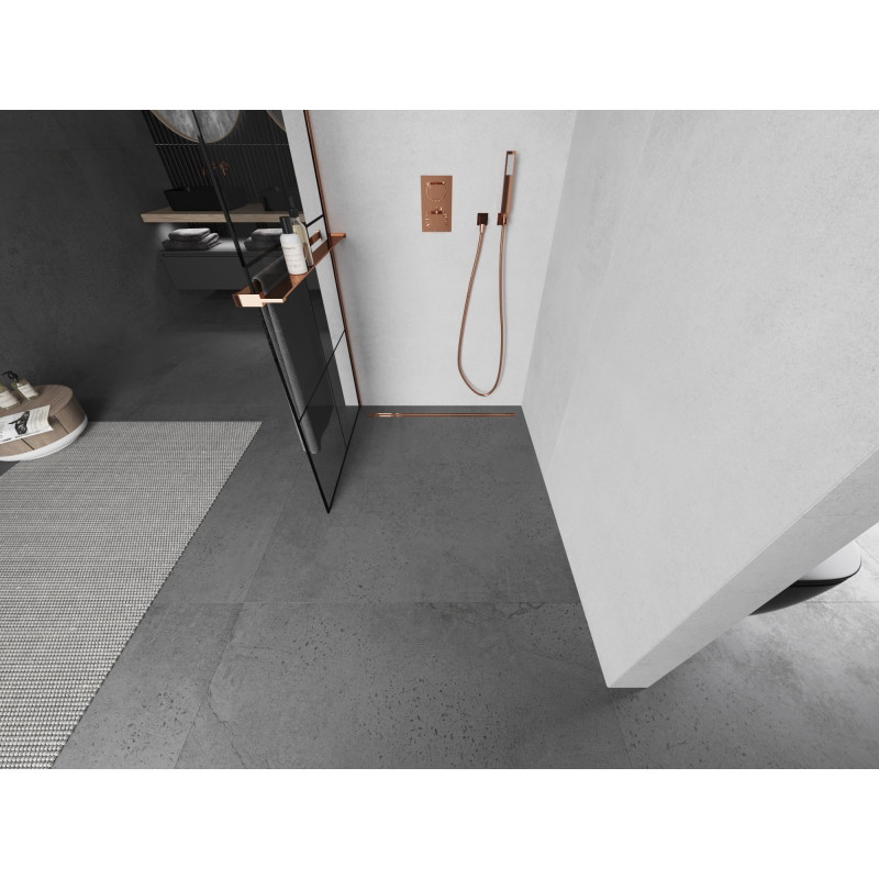 Mexen Kioto+ ścianka prysznicowa z półką Walk-in 90 x 200 cm, czarna kratka, różowe złoto - 800-090-121-60-77