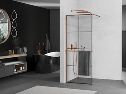 Mexen Kioto+ zaslon za tuš s policom Walk-in 90 x 200 cm, crna rešetka, ružičasto zlato - 800-090-121-60-77