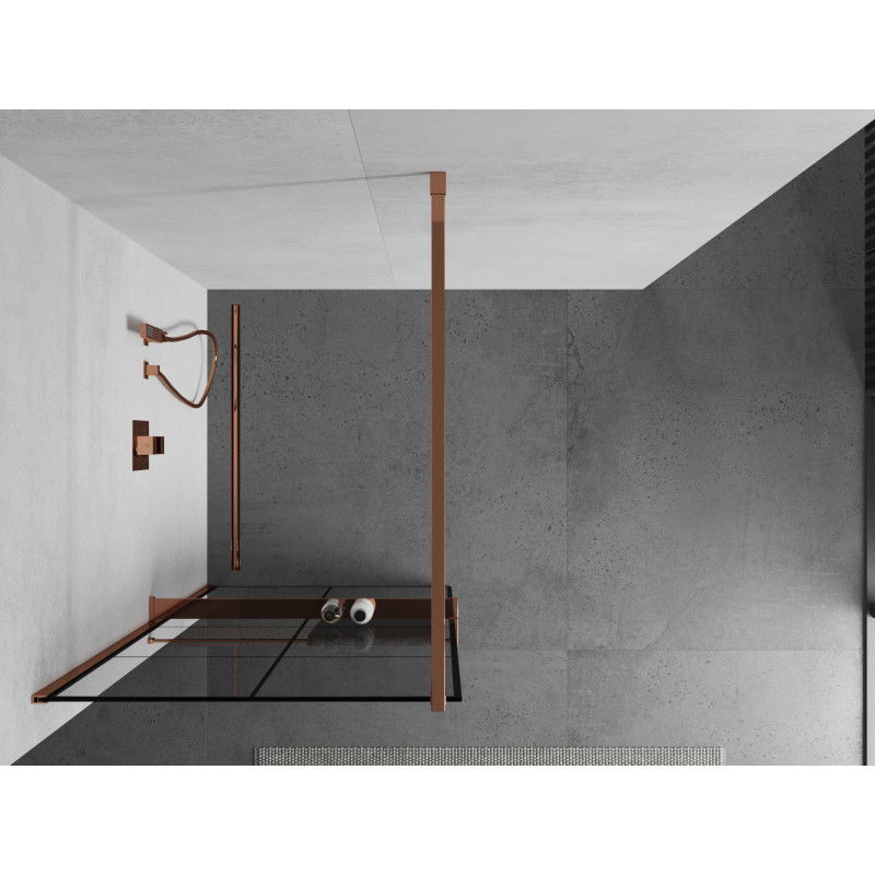 Mexen Kioto+ parete doccia con mensola Walk-in 90 x 200 cm, griglia nera, oro rosa - 800-090-121-60-77