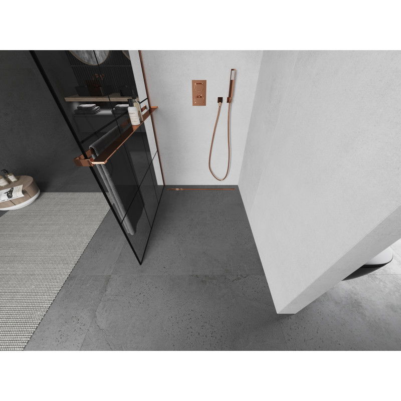 Mexen Kioto+ parete doccia con mensola Walk-in 100 x 200 cm, griglia nera, oro rosa - 800-100-121-60-77