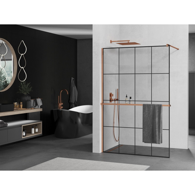 Mexen Kioto+ dušisein riiuliga Walk-in 130 x 200 cm, must ruudustik, roosa kuld - 800-130-121-60-77