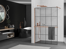 Mexen Kioto+ zid pregrade za tuš s policom Walk-in 130 x 200 cm, crna mreža, ružičasto zlato - 800-130-121-60-77