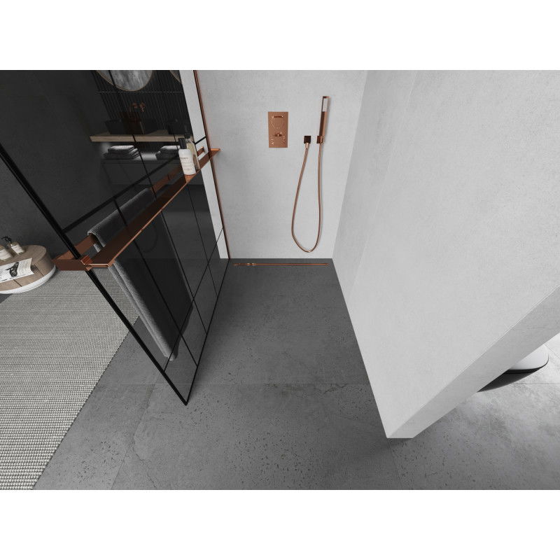 Mexen Kioto+ pared de ducha con estante Walk-in 80 x 200 cm, diseño negro, oro rosa - 800-080-121-60-78
