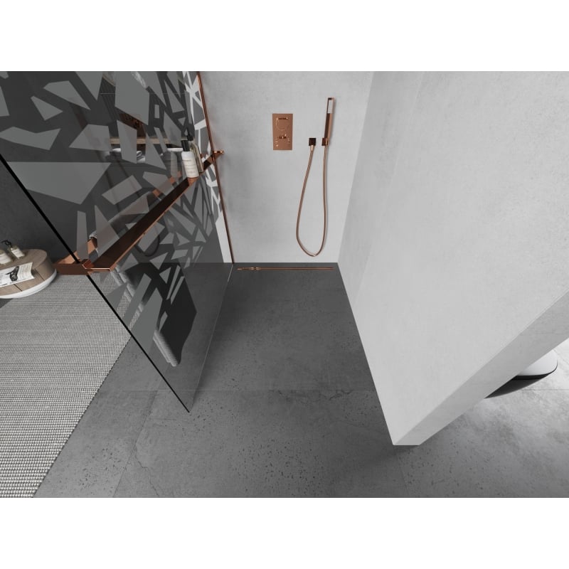 Mexen Kioto+ paroi de douche avec une étagère Walk-in 70 x 200 cm, motif blanc, or rose - 800-070-121-60-85