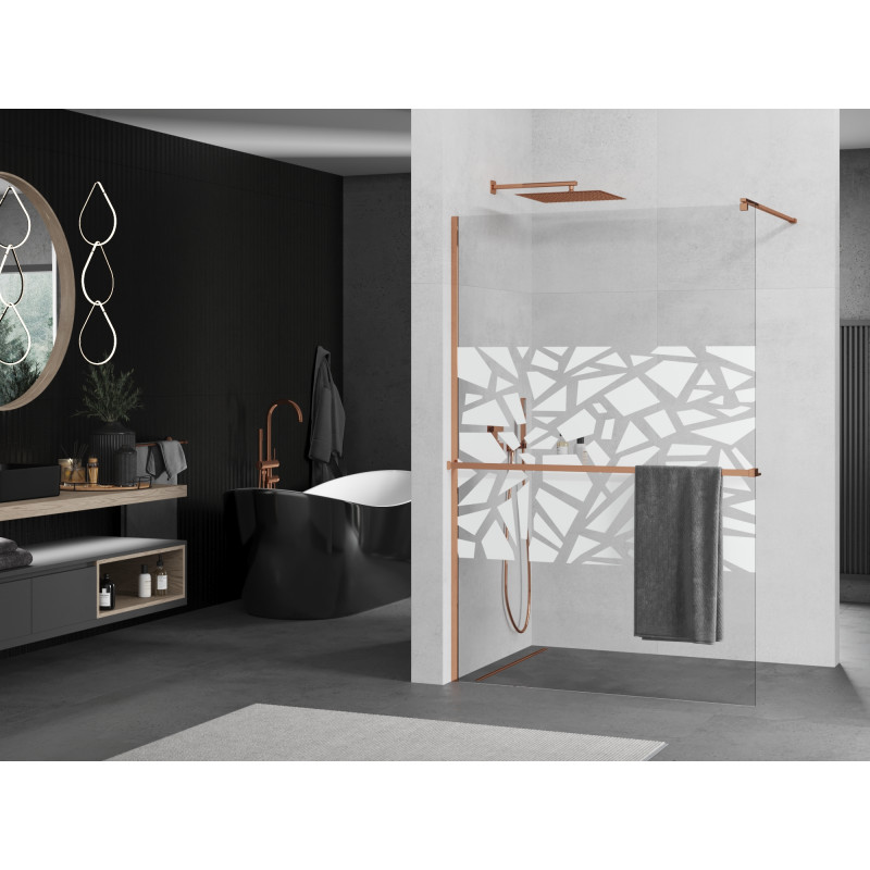 Mexen Kioto+ ścianka prysznicowa z półką Walk-in 90 x 200 cm, biały wzór, różowe złoto - 800-090-121-60-85