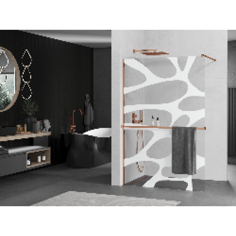 Mexen Kioto+ ścianka prysznicowa z półką Walk-in 120 x 200 cm, biała fala, różowe złoto - 800-120-121-60-97