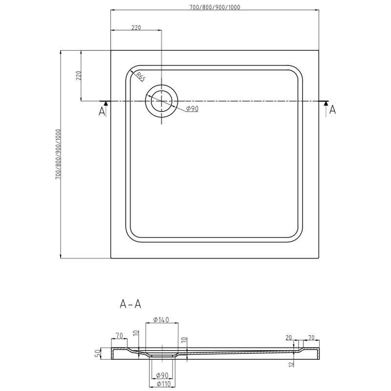 Mexen Flat Quadrates Duschbecken Slim 70 x 70 cm, wäiss, Siphon Chrom - 40107070
