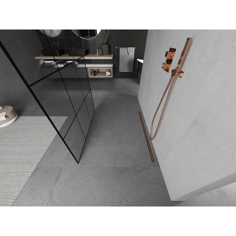 Mexen Kioto cloison de douche autoportante 100 x 200 cm, grille noire 8 mm, or rose - 800-100-002-60-77