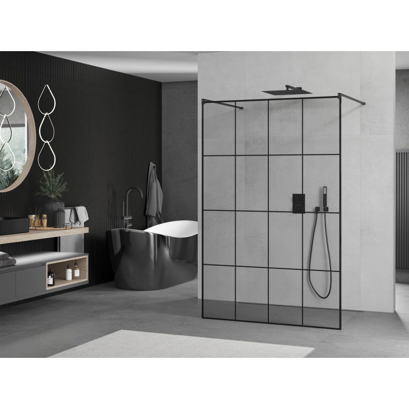 Mexen Kioto Freestanding shower wall 130 x 200 cm, black grid 8 mm, black - 800-130-002-70-77