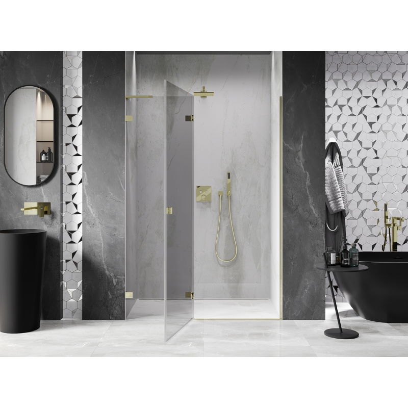 Mexen Lunar L vänsterhängd vikbar duschdörr 130 cm, transparent, guld - 834L-130-000-50-00-L