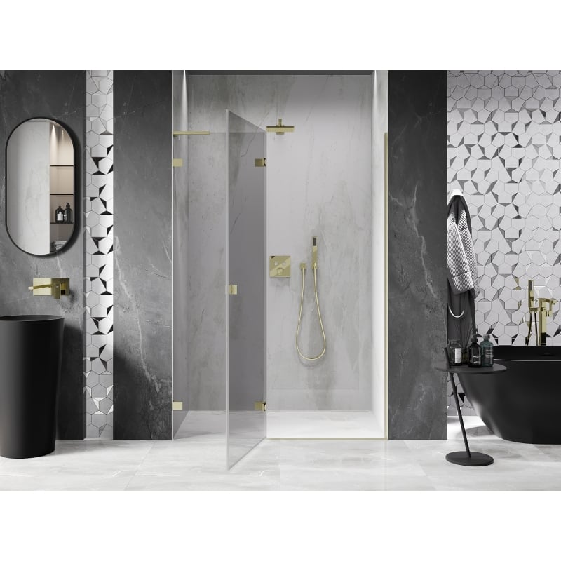 Mexen Lunar L puertas de ducha batientes izquierda 135 cm, transparente, dorado cepillado - 834L-135-000-55-00-L