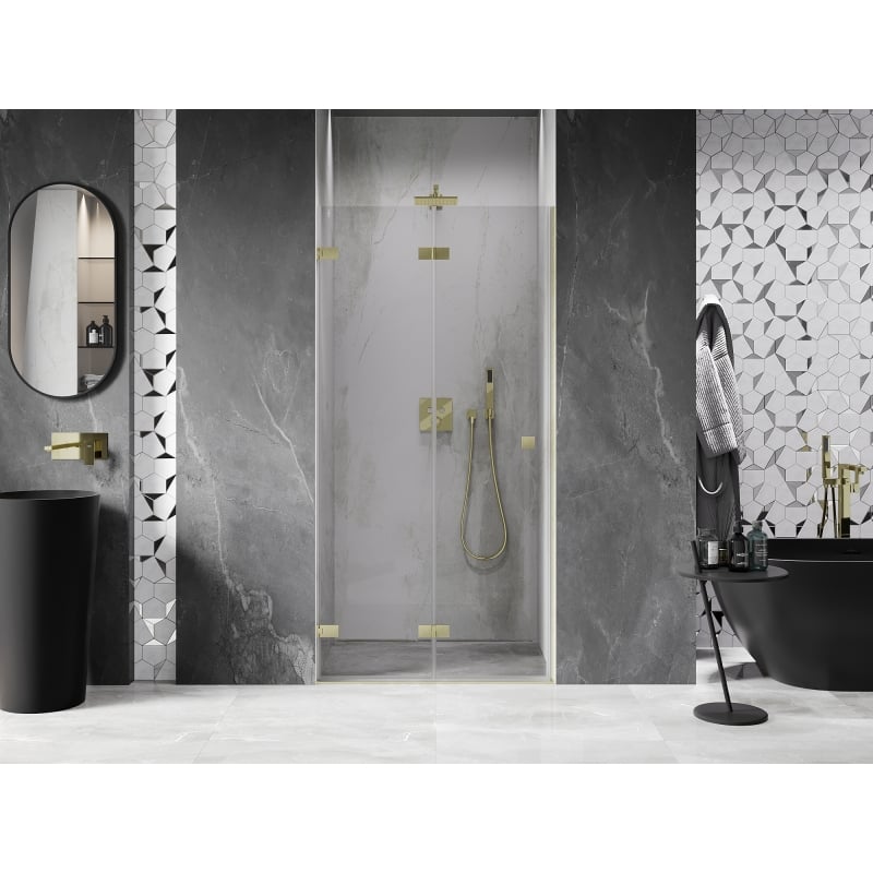 Mexen Lunar-F 90 cm Left Folding Shower Door, Transparent, Brushed Gold - 836-090-000-55-00-L