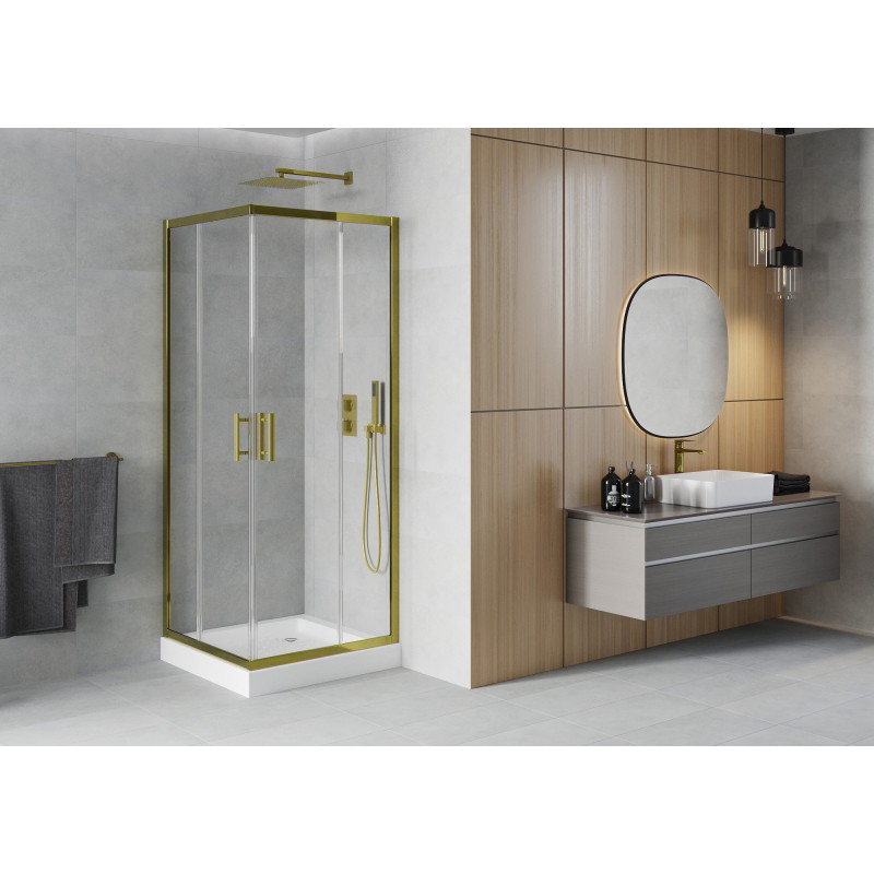 Mexen Rio vierkante douchecabine 70 x 70 cm, transparant, goud + douchebak, wit - 860-070-070-50-00-4510