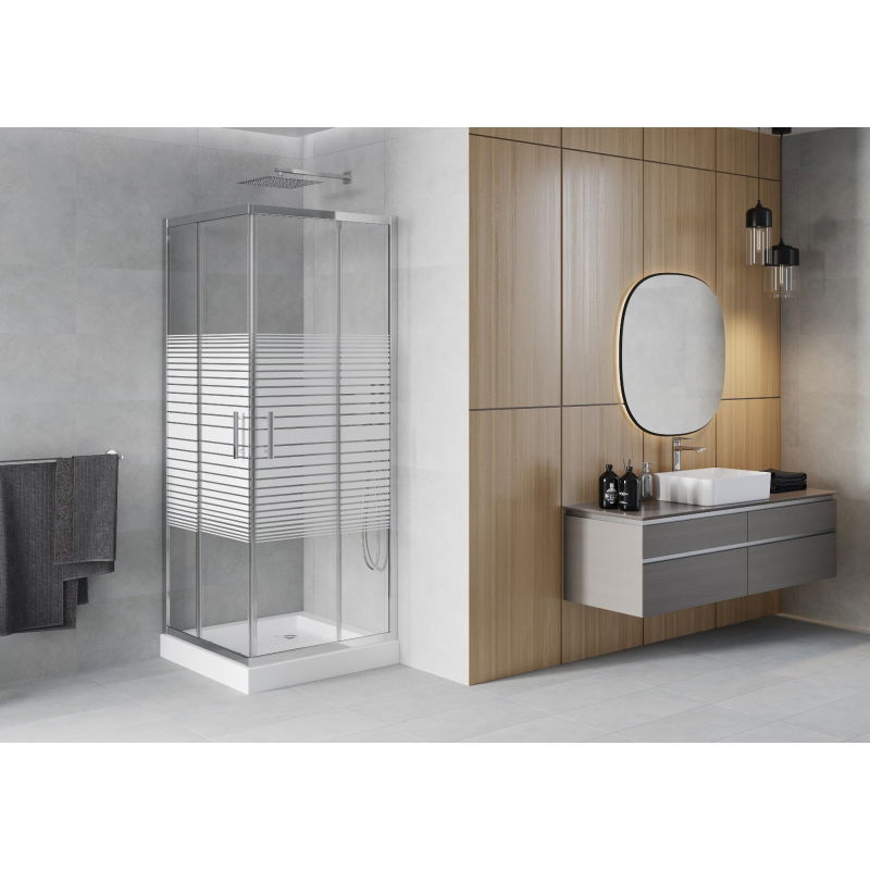 Mexen Rio cabine de douche carrée 70 x 70 cm, bandes blanches, chrome + receveur de douche blanc - 860-070-070-01-20-4510