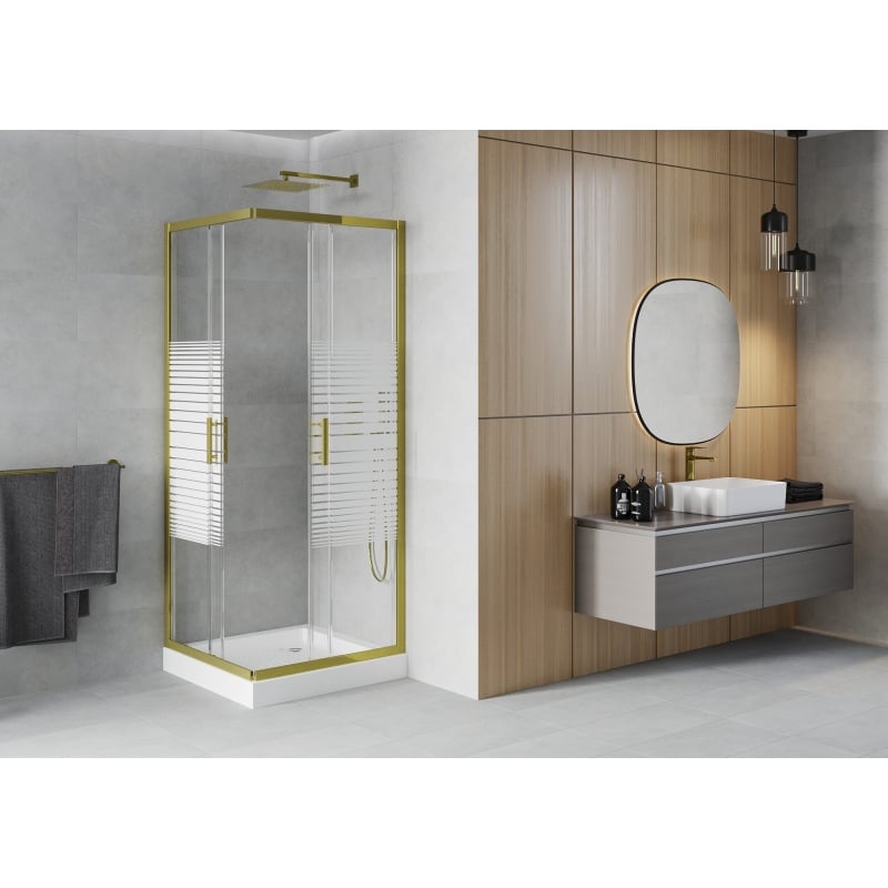 Mexen Rio cabine de douche carrée 70 x 70 cm, bandes blanches, or + receveur , blanc - 860-070-070-50-20-4510