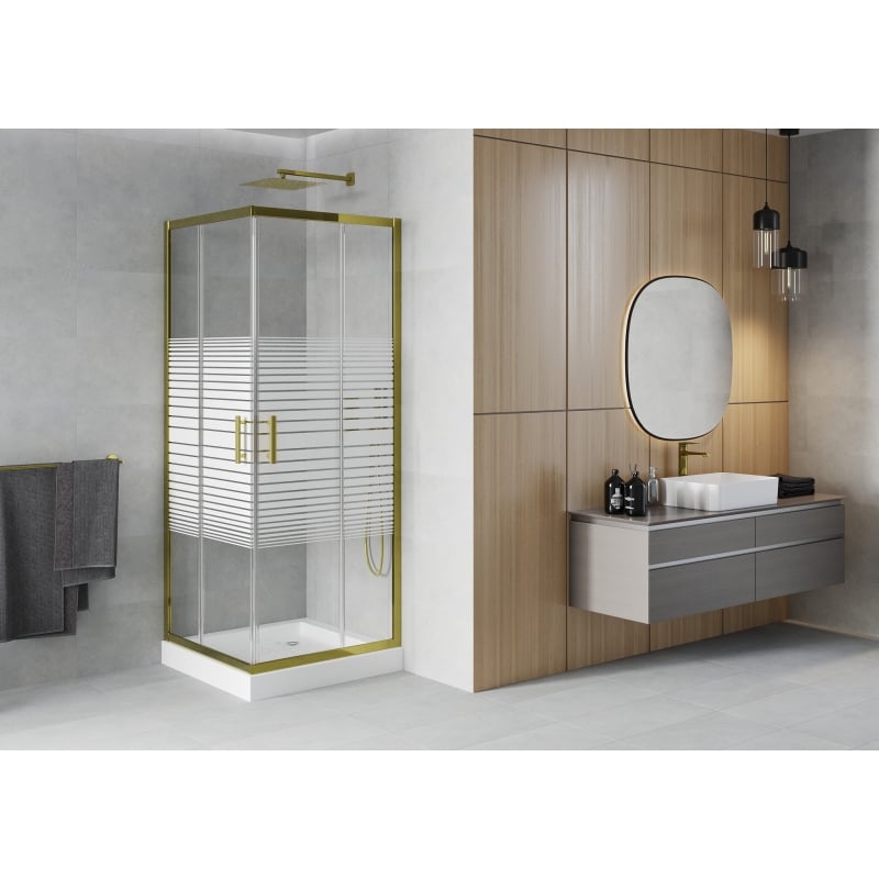 Mexen Rio cabine de douche carrée 70 x 70 cm, bandes blanches, or + receveur , blanc - 860-070-070-50-20-4510