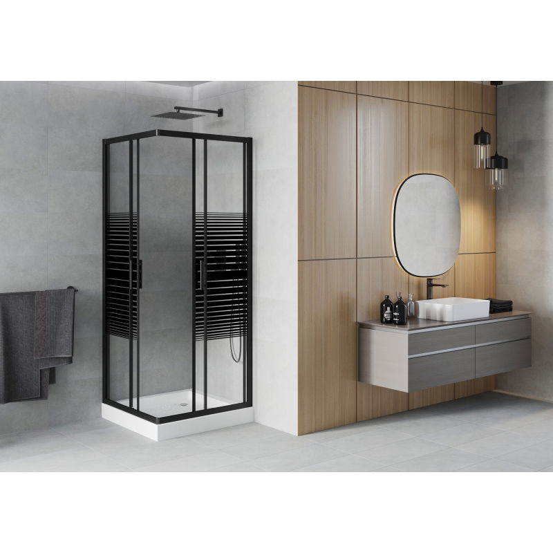 Mexen Rio cabine de douche carrée 70 x 70 cm, bandes noires, noire + receveur, blanc - 860-070-070-70-20-4510