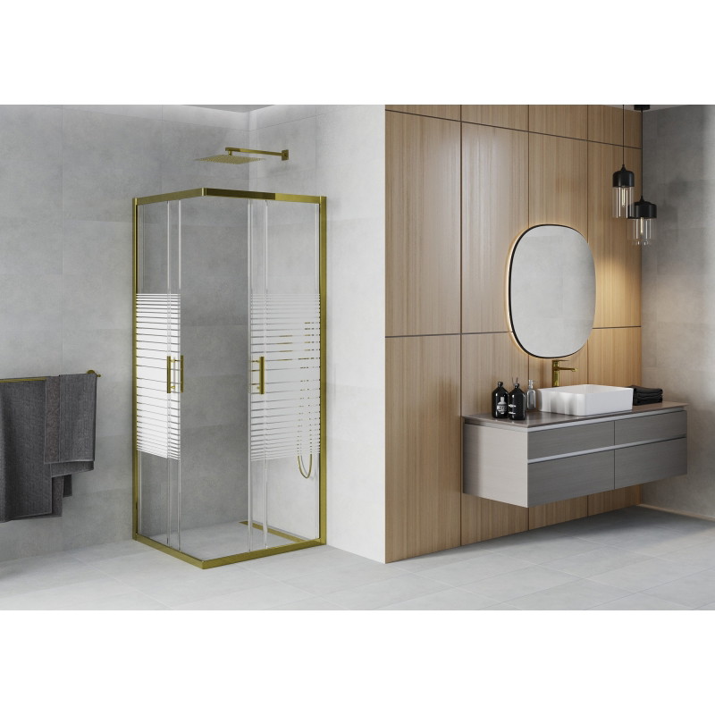 Mexen Rio ruudu dušinurk 70 x 70 cm, valged triibud, kuldne - 860-070-070-50-20