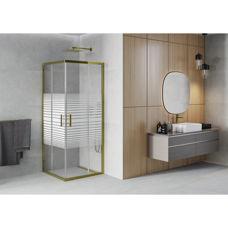 Mexen Rio ruudukujuline dušinurk 90 x 90 cm, valged triibud, kuldne - 860-090-090-50-20