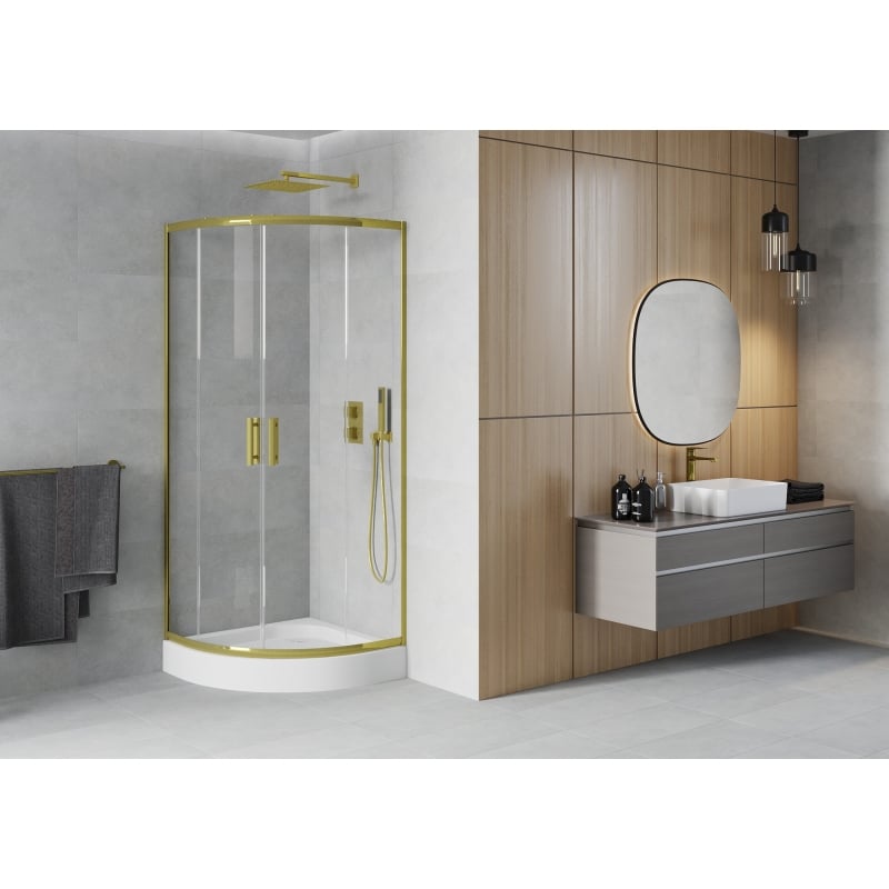Mexen Rio polukružna tuš kabina 80 x 80 cm, prozirna, zlatna + tuš kada, bijela - 863-080-080-50-00-4710