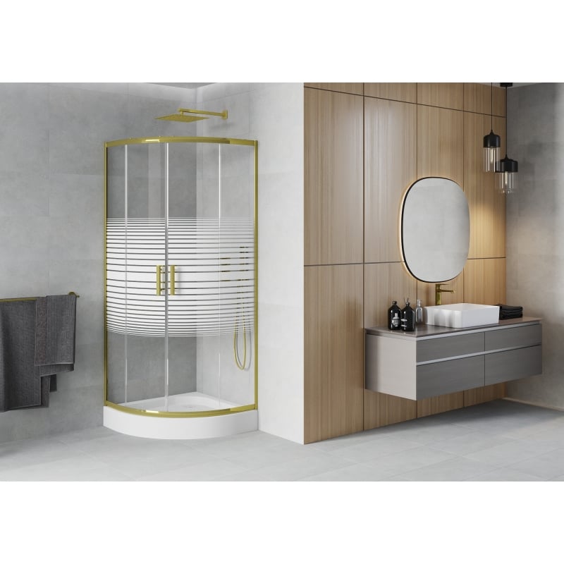 Mexen Rio semi-circular shower cabin 90 x 90 cm, white stripes, gold + tray, white - 863-090-090-50-20-4710