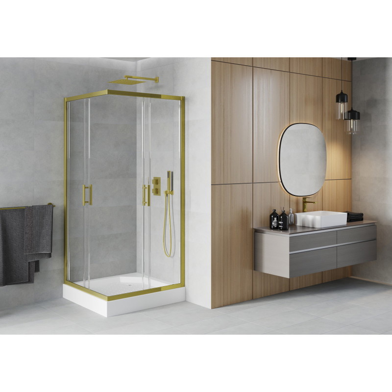 Mexen Rio vierkante douchecabine 90 x 90 cm, transparant, goud + douchebak, wit - 860-090-090-50-00-4510